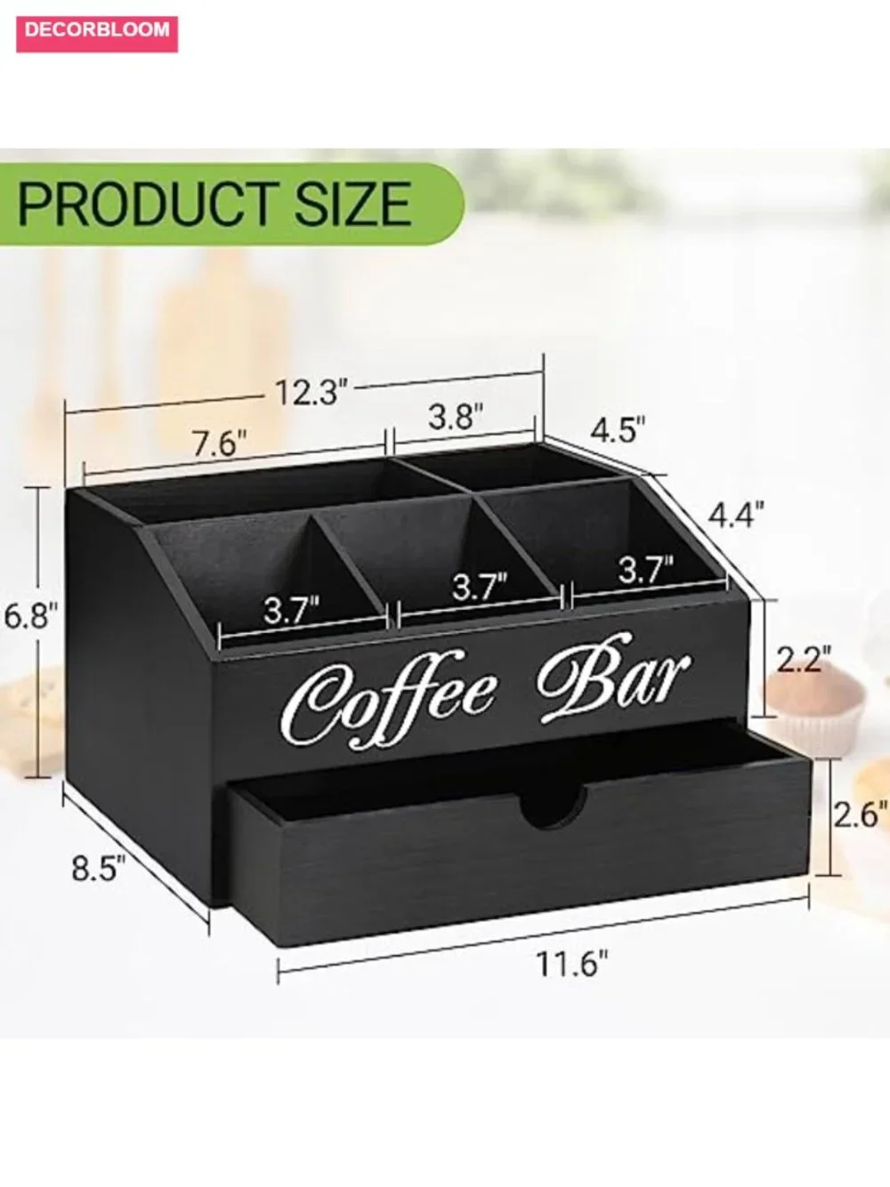 Wood Coffee Bar Organizer with Drawer, Countertop Storage, Farmhouse Tea
